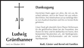 Traueranzeige von Ludwig Grünthanner von Pegnitz-Zeitung